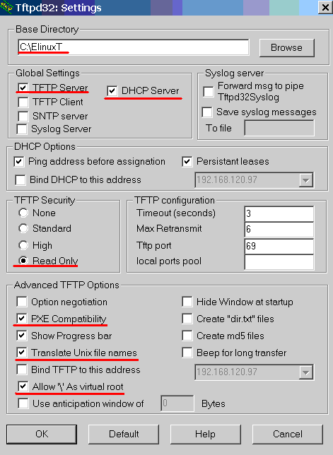 Настройки программы TFTP32 необходимые для удаленной загрузки терминалов